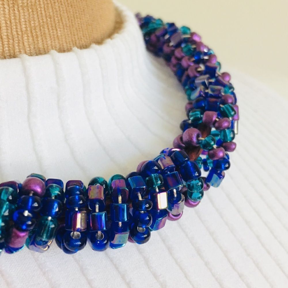 Stunning Vintage Beaded Boho Blue leather fish hook Chocker 4502 - Picture 3 of 5